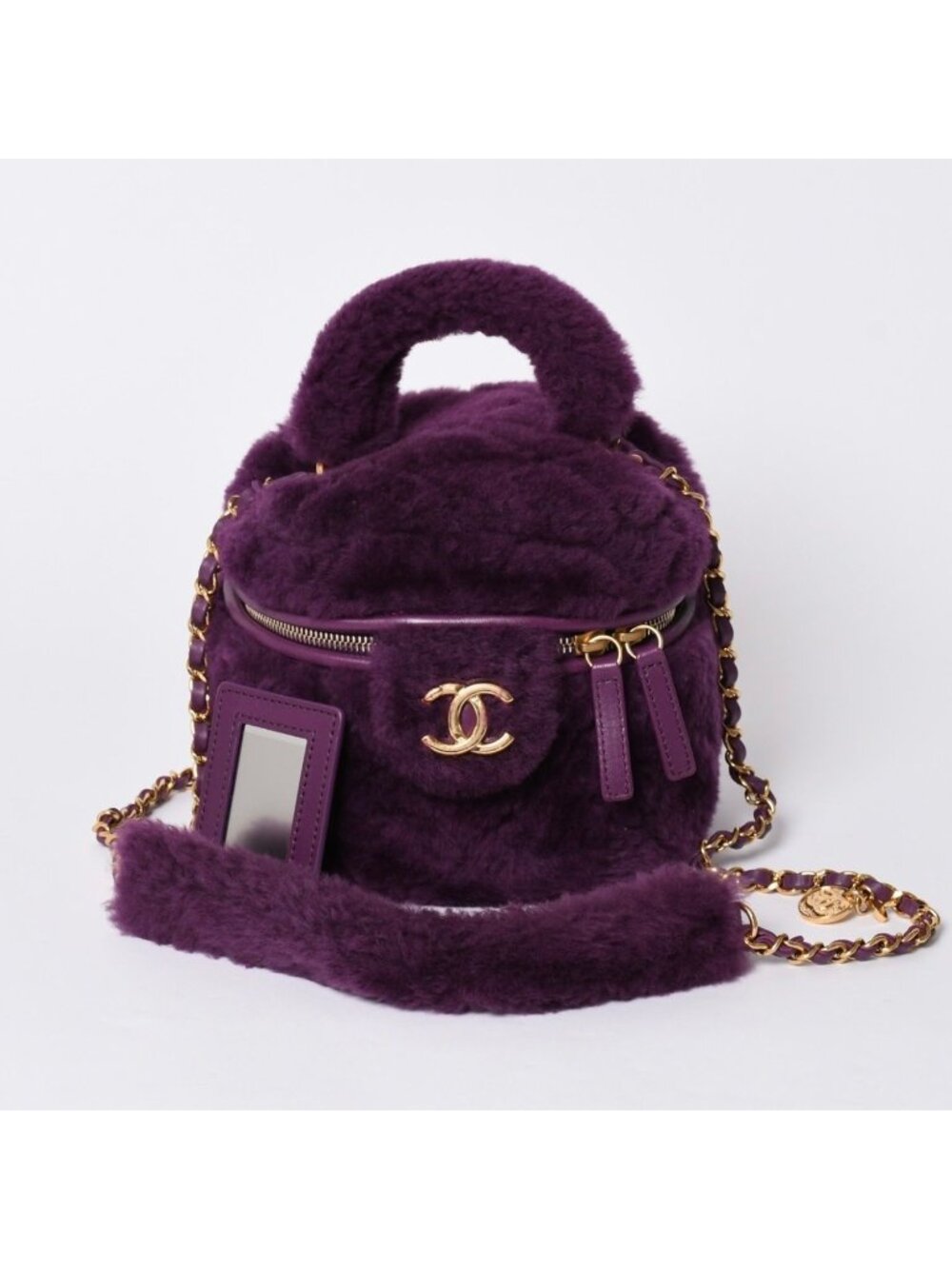 Chanel CC Logo Vanity 2-Way Shoulder Bag Shearling Purple Gold